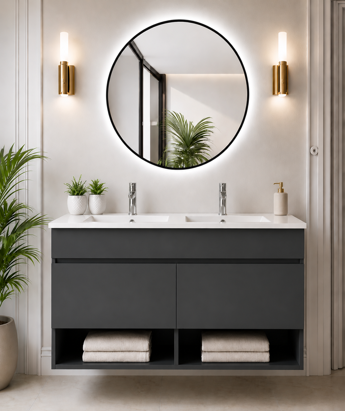 Závěsný koupelnový nábytek NEBARI s dveřmi a extra plochým umyvadlem