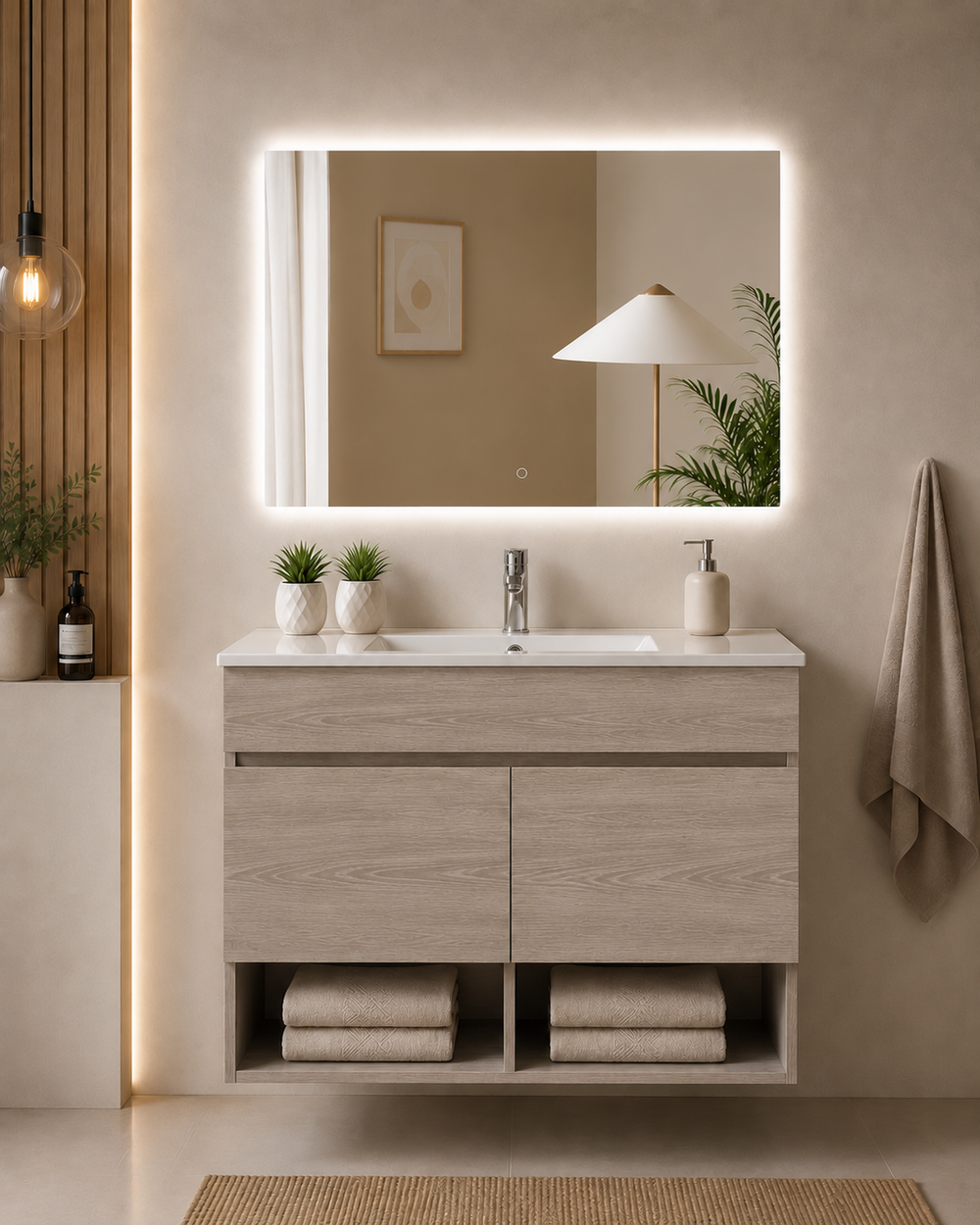 Závěsný koupelnový nábytek NEBARI s dveřmi a extra plochým umyvadlem · Dub Smoky