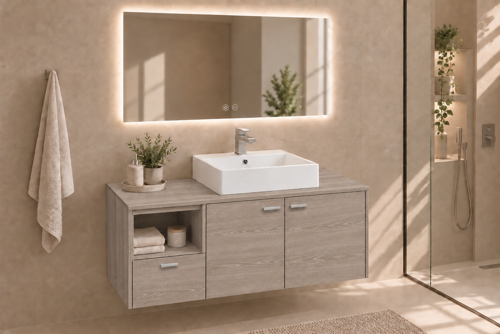 Koupelnová skříňka NAXOS s deskou a umyvadlem Libra na desku · Dub Smoky